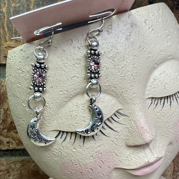 Pale pink rhinestone Silver tone Moon Dangle Earrings - Picture 1 of 5